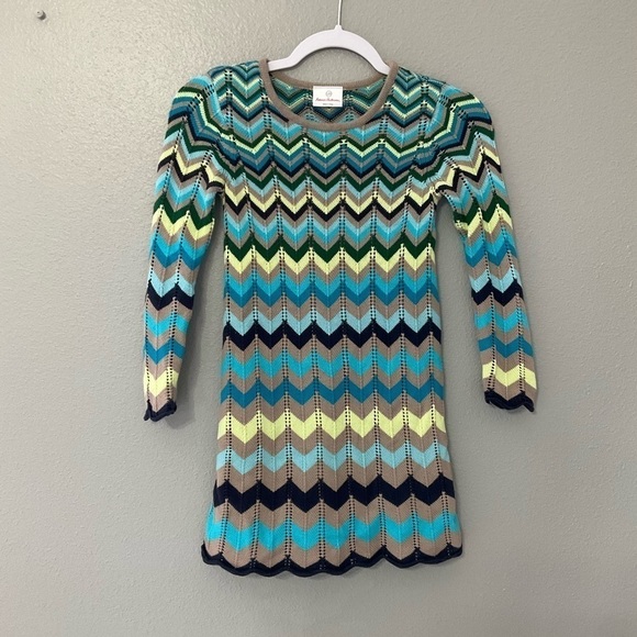 Hanna Andersson Blue Yellow Chevron Knit Long Sleeve Dress 120 (us size 6-7) - Picture 1 of 8